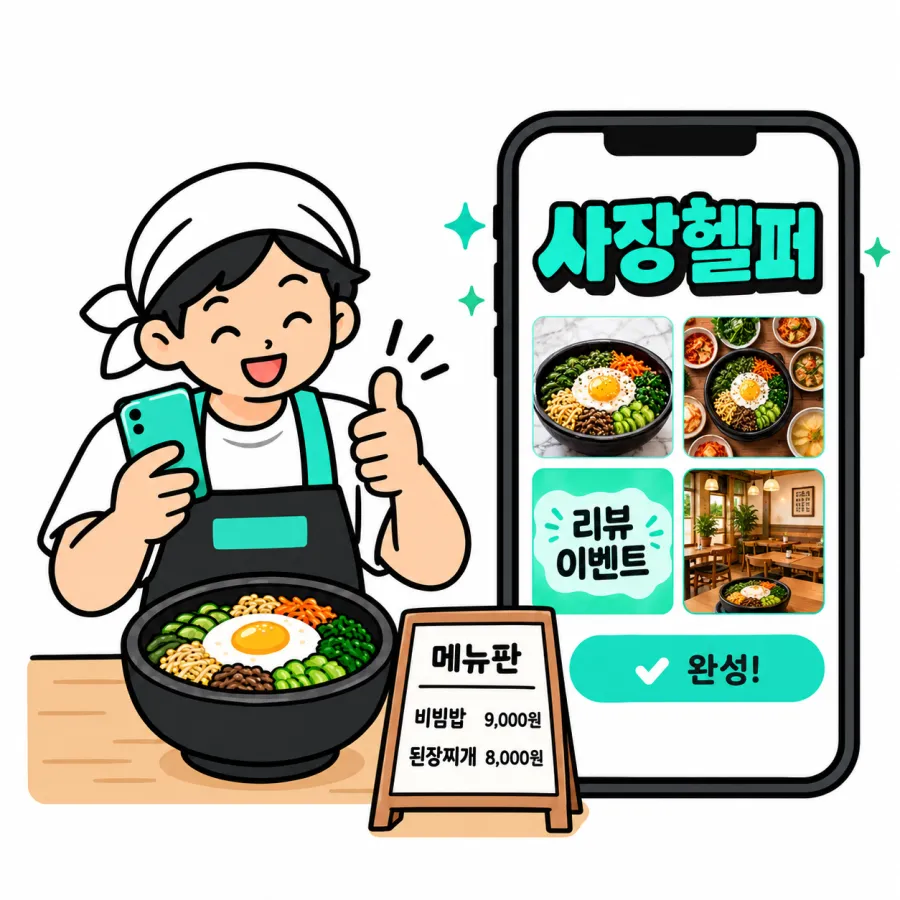 사장헬퍼 앱에 배달앱 이미지 4장이 완성되고 테이블에 메뉴판이 놓인 모습